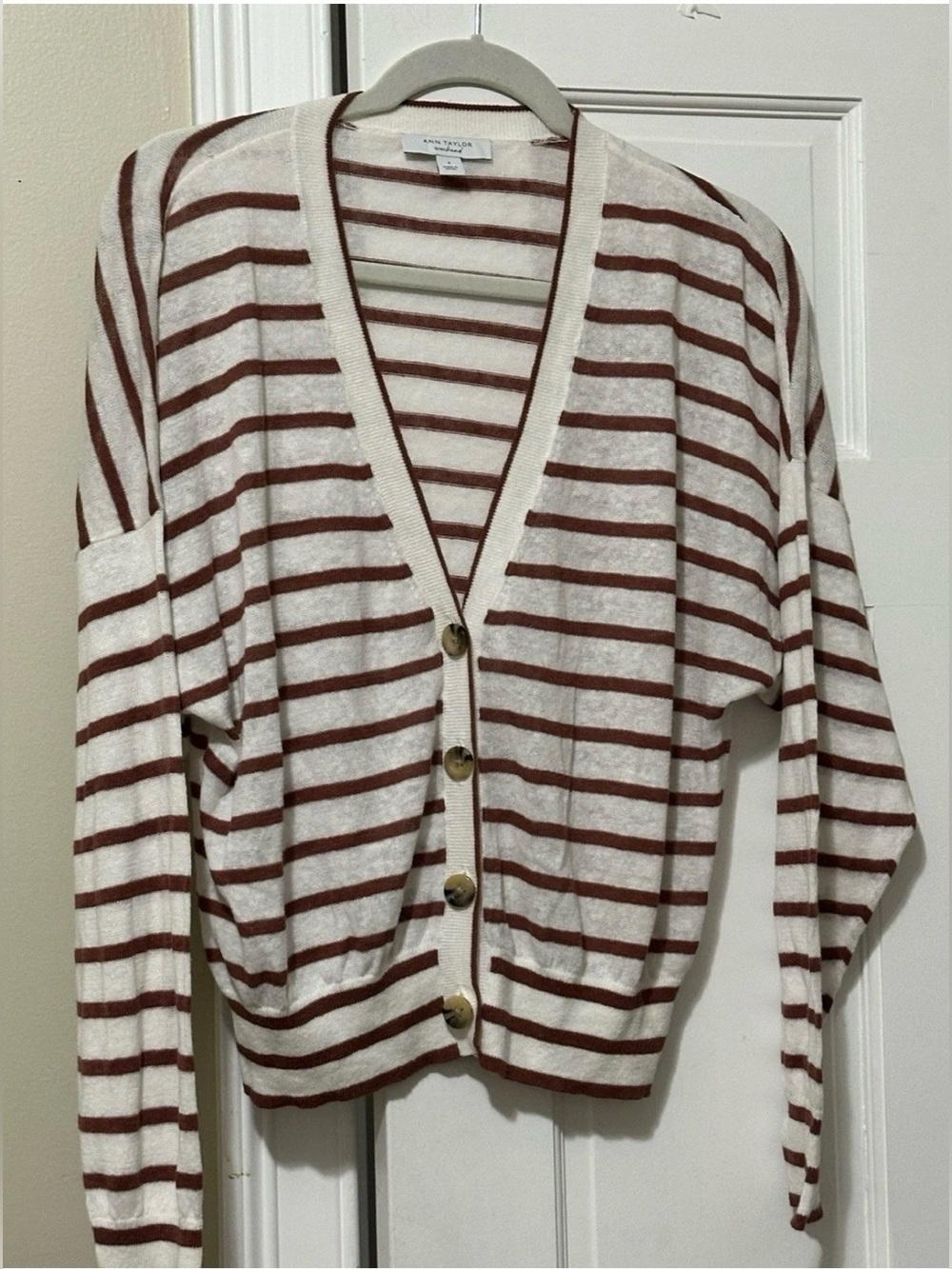 Ann Taylor Cream and Brown Striped Cardigan